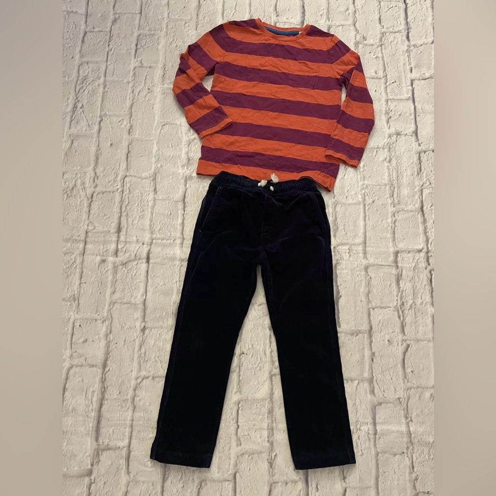 Boys Mini Boden Navy Corduroy Pants & Long Sleeves Striped Top Size 5y READ